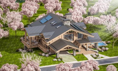 Havuzu ve kiralık park yeri olan modern konforlu bir dağ evi. Arka planda güzel orman dağları. Arka planda sakura çiçekleri olan çiçek açan ağaçlarla taze bir bahar günü..