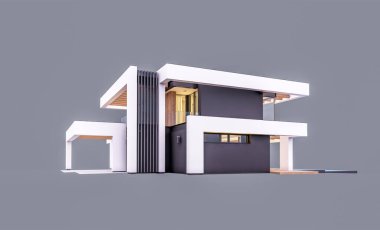 Havuzu ve park yeri olan modern konforlu bir evin 3 boyutlu tasarımı. Satılık ya da lüks tarzda. Akşamları. Gri renkte izole edilmiş