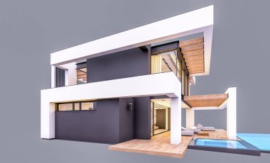 Havuzu ve park yeri olan modern konforlu bir evin 3 boyutlu tasarımı. Satılık ya da lüks tarzda. Akşamları. Gri renkte izole edilmiş