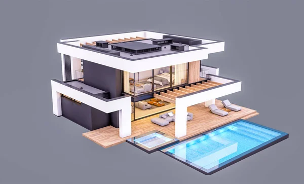 Renderowania Nowoczesnego Przytulnego Domu Basenem Parkingiem Sprzedaż Lub Wynajem Luksusowym — Zdjęcie stockowe