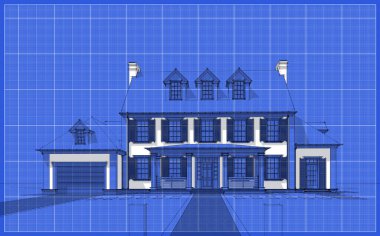 Arka planda güzel peyzajlı, garajı ve havuzu satılık ya da kirası olan koloni tarzında modern konforlu klasik evin 3D görüntüsü. Beyaz nokta ve plan arkaplanlı siyah çizgi çizimi