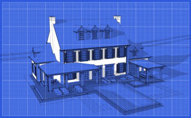 Arka planda güzel peyzajlı, garajı ve havuzu satılık ya da kirası olan koloni tarzında modern konforlu klasik evin 3D görüntüsü. Beyaz nokta ve plan arkaplanlı siyah çizgi çizimi
