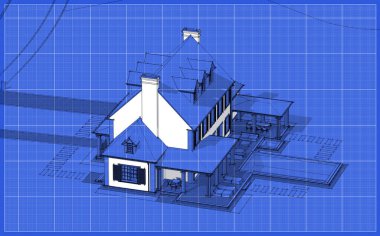 Arka planda güzel peyzajlı, garajı ve havuzu satılık ya da kirası olan koloni tarzında modern konforlu klasik evin 3D görüntüsü. Beyaz nokta ve plan arkaplanlı siyah çizgi çizimi
