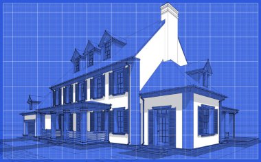 Arka planda güzel peyzajlı, garajı ve havuzu satılık ya da kirası olan koloni tarzında modern konforlu klasik evin 3D görüntüsü. Beyaz nokta ve plan arkaplanlı siyah çizgi çizimi