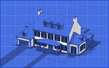 Arka planda güzel peyzajlı, garajı ve havuzu satılık ya da kirası olan koloni tarzında modern konforlu klasik evin 3D görüntüsü. Beyaz nokta ve plan arkaplanlı siyah çizgi çizimi