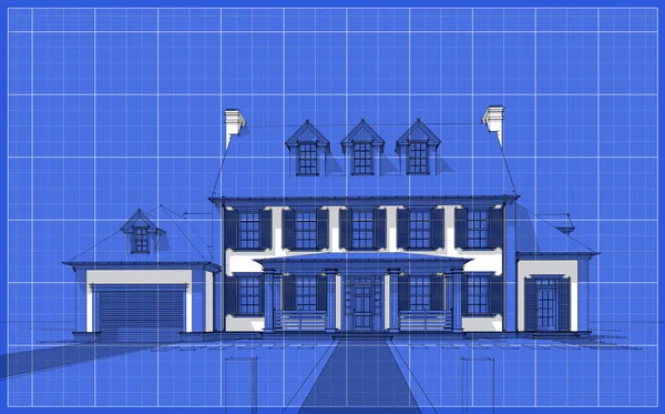 Arka planda güzel peyzajlı, garajı ve havuzu satılık ya da kirası olan koloni tarzında modern konforlu klasik evin 3D görüntüsü. Beyaz nokta ve plan arkaplanlı siyah çizgi çizimi