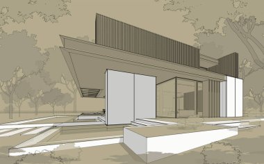 Park yeri ve havuzu satılık ya da ahşap kaplamalı modern konforlu ev. Beyaz noktalı siyah çizgi çizimi ve zanaat arka planında el çizimi.