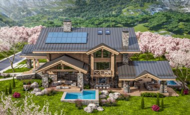 Havuzu ve kiralık park yeri olan modern konforlu bir dağ evi. Arka planda güzel orman dağları. Arka planda sakura çiçekleri olan çiçek açan ağaçlarla taze bir bahar günü..