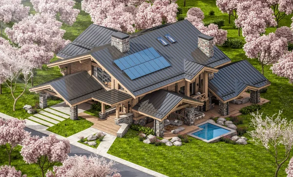 Havuzu ve kiralık park yeri olan modern konforlu bir dağ evi. Arka planda güzel orman dağları. Arka planda sakura çiçekleri olan çiçek açan ağaçlarla taze bir bahar günü..