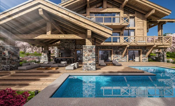 Rendering Von Modernen Gemütlichen Chalet Mit Pool Und Parkplatz Zum — Stockfoto