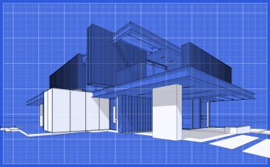 Park yeri ve havuzu satılık ya da ahşap kaplamalı modern konforlu ev. Beyaz nokta ve plan arkaplanlı siyah çizgi çizimi