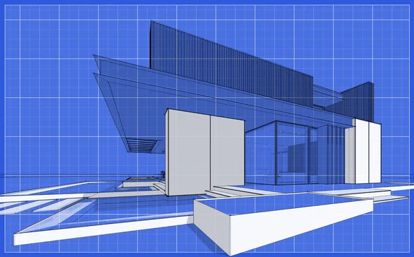 3D展示现代化舒适的房子 设有停车场和供出售的游泳池 或租用木制木板立面 带有白斑和蓝图背景的黑线草图 — 图库照片