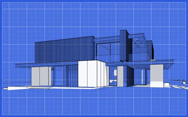 3D展示现代化舒适的房子 设有停车场和供出售的游泳池 或租用木制木板立面 带有白斑和蓝图背景的黑线草图 — 图库照片