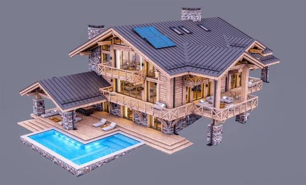 Rendering Von Modernen Gemütlichen Chalet Mit Pool Und Parkplatz Zum — Stockfoto