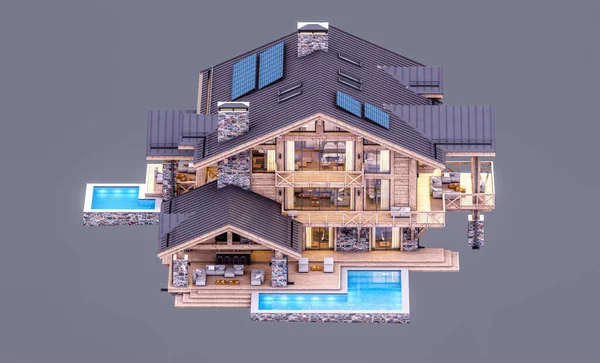 Rendering Von Modernen Gemütlichen Chalet Mit Pool Und Parkplatz Zum — Stockfoto