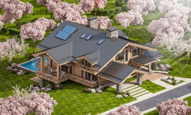 Havuzu ve kiralık park yeri olan modern konforlu bir dağ evi. Arka planda güzel orman dağları. Arka planda sakura çiçekleri olan çiçek açan ağaçlarla taze bir bahar günü..