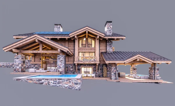 Rendering Modern Cozy Chalet Dengan Kolam Renang Dan Parkir Untuk — Stok Foto