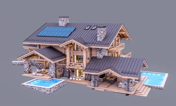 Rendering Modern Cozy Chalet Dengan Kolam Renang Dan Parkir Untuk — Stok Foto