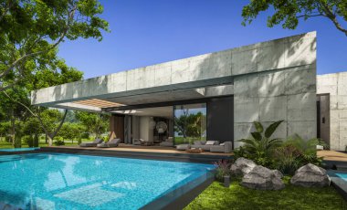 Modern tarzda yeni beton bir ev, havuz, park yeri ya da kira ve arka planda güzel bir peyzaj. Evin sadece bir katı var. Açık mavi gökyüzü ile güneşli yaz günü.