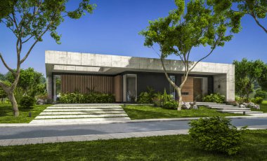 Modern tarzda yeni beton bir ev, havuz, park yeri ya da kira ve arka planda güzel bir peyzaj. Evin sadece bir katı var. Açık mavi gökyüzü ile güneşli yaz günü.