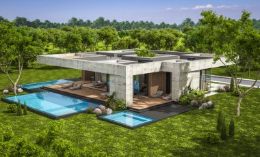 Modern tarzda yeni beton bir ev, havuz, park yeri ya da kira ve arka planda güzel bir peyzaj. Evin sadece bir katı var. Açık mavi gökyüzü ile güneşli yaz günü.