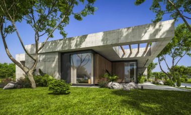 Modern tarzda yeni beton bir ev, havuz, park yeri ya da kira ve arka planda güzel bir peyzaj. Evin sadece bir katı var. Açık mavi gökyüzü ile güneşli yaz günü.