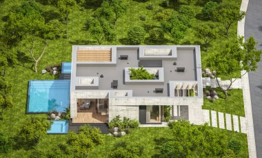 Modern tarzda yeni beton bir ev, havuz, park yeri ya da kira ve arka planda güzel bir peyzaj. Evin sadece bir katı var. Açık mavi gökyüzü ile güneşli yaz günü.