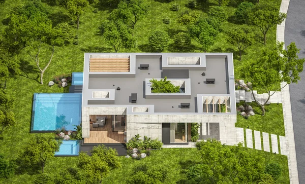 Modern tarzda yeni beton bir ev, havuz, park yeri ya da kira ve arka planda güzel bir peyzaj. Evin sadece bir katı var. Açık mavi gökyüzü ile güneşli yaz günü.