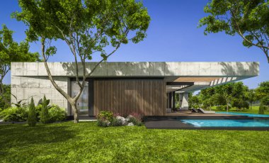 Modern tarzda yeni beton bir ev, havuz, park yeri ya da kira ve arka planda güzel bir peyzaj. Evin sadece bir katı var. Açık mavi gökyüzü ile güneşli yaz günü.