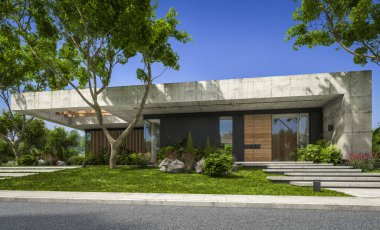 Modern tarzda yeni beton bir ev, havuz, park yeri ya da kira ve arka planda güzel bir peyzaj. Evin sadece bir katı var. Açık mavi gökyüzü ile güneşli yaz günü.