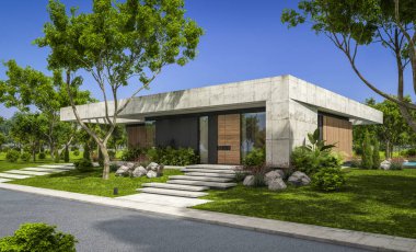 Modern tarzda yeni beton bir ev, havuz, park yeri ya da kira ve arka planda güzel bir peyzaj. Evin sadece bir katı var. Açık mavi gökyüzü ile güneşli yaz günü.