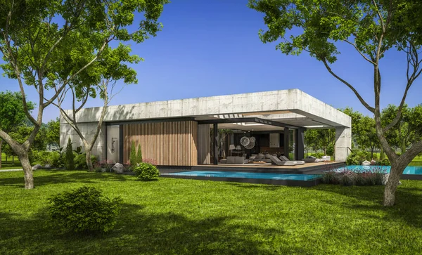 Modern tarzda yeni beton bir ev, havuz, park yeri ya da kira ve arka planda güzel bir peyzaj. Evin sadece bir katı var. Açık mavi gökyüzü ile güneşli yaz günü.