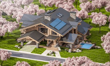 Havuzu ve kiralık park yeri olan modern konforlu bir dağ evi. Arka planda güzel orman dağları. Arka planda sakura çiçekleri olan çiçek açan ağaçlarla taze bir bahar günü..