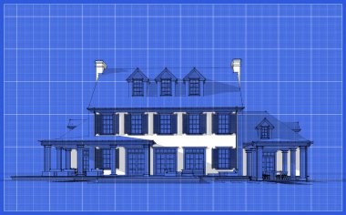 Arka planda güzel peyzajlı, garajı ve havuzu satılık ya da kirası olan koloni tarzında modern konforlu klasik evin 3D görüntüsü. Beyaz nokta ve plan arkaplanlı siyah çizgi çizimi