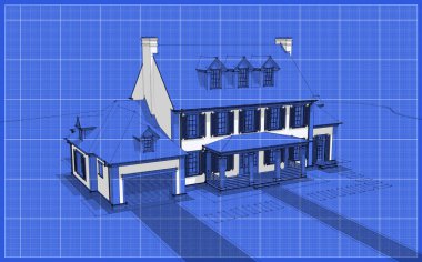 Arka planda güzel peyzajlı, garajı ve havuzu satılık ya da kirası olan koloni tarzında modern konforlu klasik evin 3D görüntüsü. Beyaz nokta ve plan arkaplanlı siyah çizgi çizimi