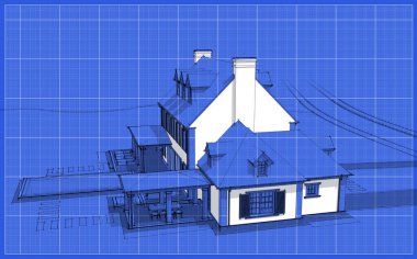 Arka planda güzel peyzajlı, garajı ve havuzu satılık ya da kirası olan koloni tarzında modern konforlu klasik evin 3D görüntüsü. Beyaz nokta ve plan arkaplanlı siyah çizgi çizimi