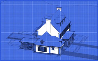 Arka planda güzel peyzajlı, garajı ve havuzu satılık ya da kirası olan koloni tarzında modern konforlu klasik evin 3D görüntüsü. Beyaz nokta ve plan arkaplanlı siyah çizgi çizimi