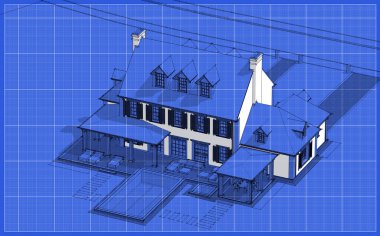 Arka planda güzel peyzajlı, garajı ve havuzu satılık ya da kirası olan koloni tarzında modern konforlu klasik evin 3D görüntüsü. Beyaz nokta ve plan arkaplanlı siyah çizgi çizimi