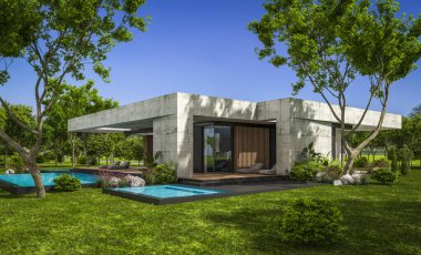 Modern tarzda yeni beton bir ev, havuz, park yeri ya da kira ve arka planda güzel bir peyzaj. Evin sadece bir katı var. Açık mavi gökyüzü ile güneşli yaz günü.