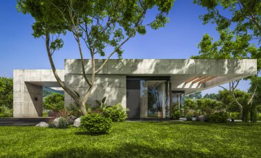 Modern tarzda yeni beton bir ev, havuz, park yeri ya da kira ve arka planda güzel bir peyzaj. Evin sadece bir katı var. Açık mavi gökyüzü ile güneşli yaz günü.