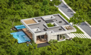 Modern tarzda yeni beton bir ev, havuz, park yeri ya da kira ve arka planda güzel bir peyzaj. Evin sadece bir katı var. Açık mavi gökyüzü ile güneşli yaz günü.