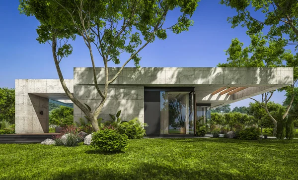 Modern tarzda yeni beton bir ev, havuz, park yeri ya da kira ve arka planda güzel bir peyzaj. Evin sadece bir katı var. Açık mavi gökyüzü ile güneşli yaz günü.