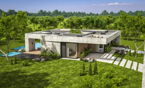 Modern tarzda yeni beton bir ev, havuz, park yeri ya da kira ve arka planda güzel bir peyzaj. Evin sadece bir katı var. Açık mavi gökyüzü ile güneşli yaz günü.