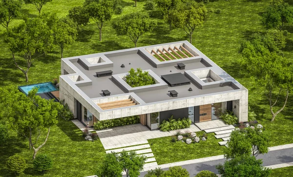 Representación Nueva Casa Hormigón Estilo Moderno Con Piscina Aparcamiento Venta — Foto de Stock