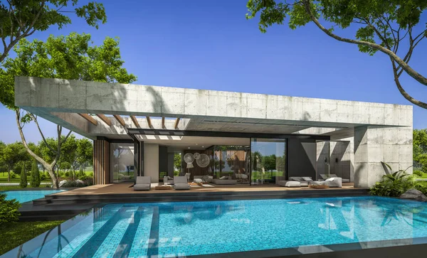 Modern tarzda yeni beton bir ev, havuz, park yeri ya da kira ve arka planda güzel bir peyzaj. Evin sadece bir katı var. Açık mavi gökyüzü ile güneşli yaz günü.