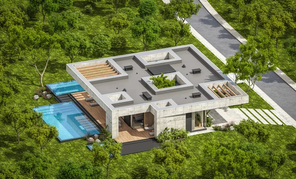 Modern tarzda yeni beton bir ev, havuz, park yeri ya da kira ve arka planda güzel bir peyzaj. Evin sadece bir katı var. Açık mavi gökyüzü ile güneşli yaz günü.