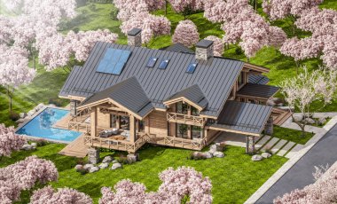 Havuzu ve kiralık park yeri olan modern konforlu bir dağ evi. Arka planda güzel orman dağları. Arka planda sakura çiçekleri olan çiçek açan ağaçlarla taze bir bahar günü..