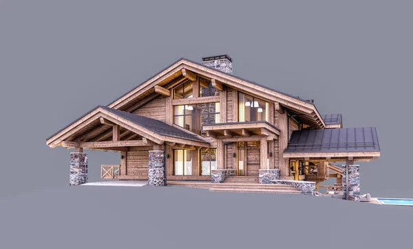 Rendering Modern Cozy Chalet Dengan Kolam Renang Dan Parkir Untuk — Stok Foto