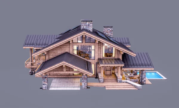 Rendering Modern Cozy Chalet Dengan Kolam Renang Dan Parkir Untuk — Stok Foto