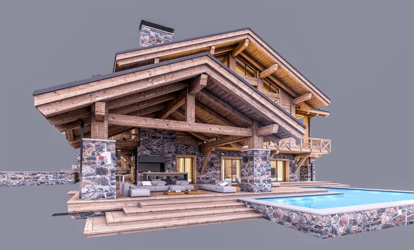 Rendering Modern Cozy Chalet Dengan Kolam Renang Dan Parkir Untuk — Stok Foto